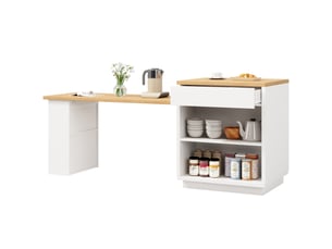 Îlot de cuisine extensible avec 2 tiroirs, portes vitrées et éclairage à led pour cuisine et salle à manger en mdf blanc