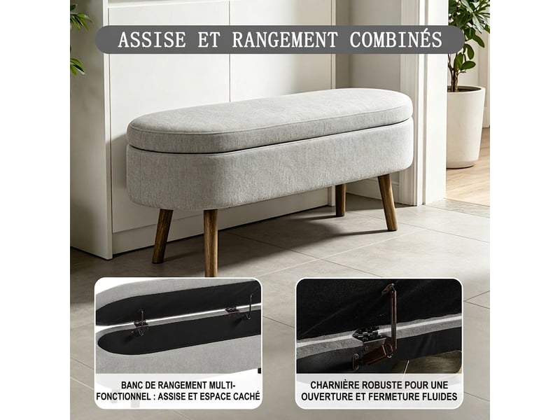  Banc de rangement gris 110 cm en tissu chenille, banc à chaussures pour entrée et salon  - Conforama D