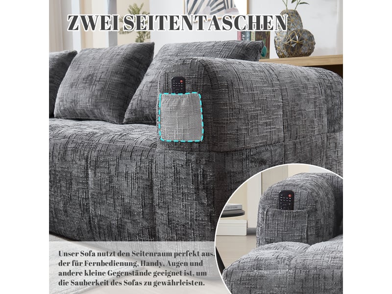 Canapé d’angle en l 3 places sans montage avec méridienne, accoudoirs, 3 coussins et poche latérale, chenille, gris Seren Glow - Conforama E