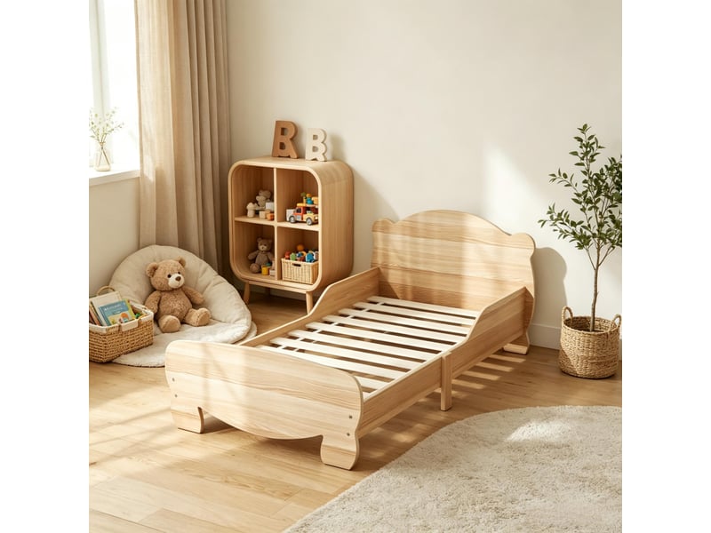  Lit enfant 70x140 bois naturel avec barrière de sécurité motif ours  - Conforama B