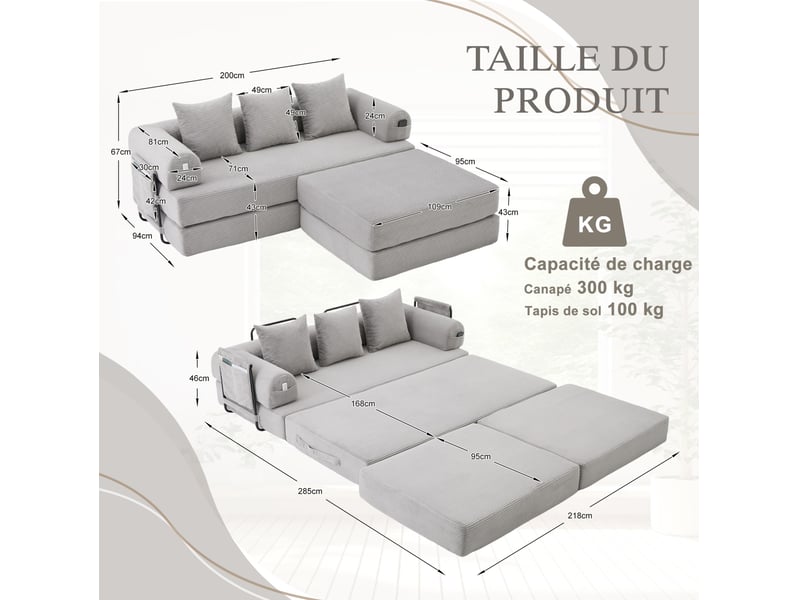  Canapé modulaire 200x190x67cm, pouf, 3 coussins, rangement pratique, meuble de salon, revêtement velours côtelé, gris  - Conforama C