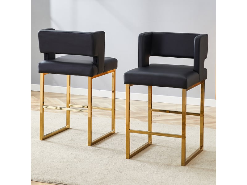 Lot de 2 tabourets de bar 53x48x91 cm, chaises hautes avec assise carrée, meuble cuisine, pieds en métal doré, pu noir  - Conforama B