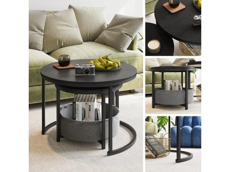  Tables basses rondes gigognes 2 pièces, style industriel, métal et bois, avec rangement, salon  - Conforama D