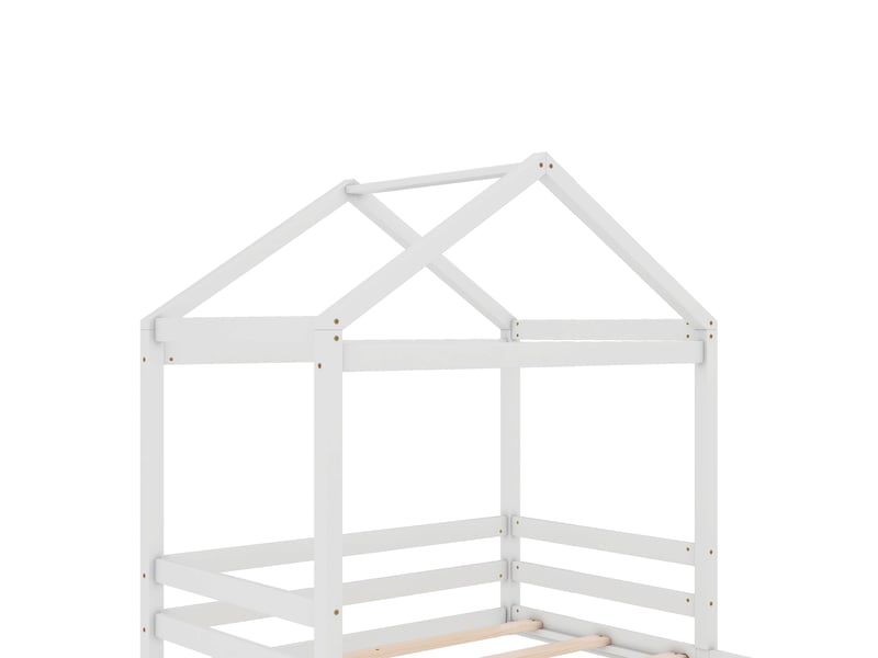 Lit cabane enfant 140 x 200 cm avec sommier à 7 lattes et barrières, pin et mdf, blanc Fay Lum - Conforama E