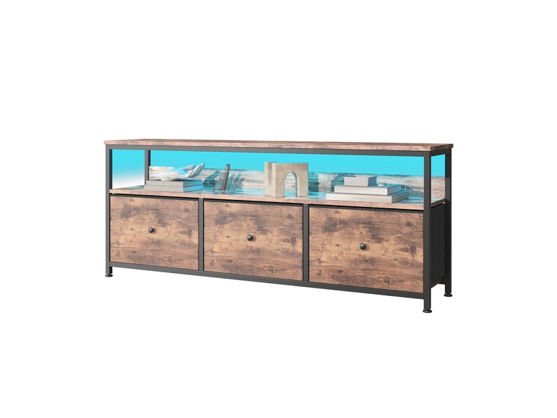  Meuble tv multimédia avec led - buffet led - design rétro chic - tiroirs en tissu effet bois - 137cmx30x57cm - marron  - Conforama A