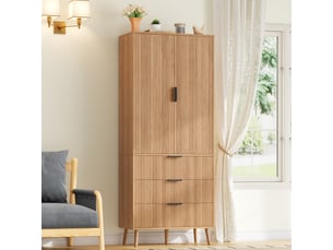Armoire de cuisine haute en mdf avec 2 portes et 3 tiroirs, meuble de rangement 75x35x180 cm pour salon et salle à manger