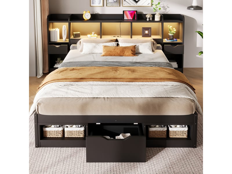  Lit plateforme 140 x 200 cm avec tête et pied de lit à rangements, 3 tiroirs, niches, led et usb, mdf et contreplaqué, noir OMNIGLINT TRADING LTD - Conforama C