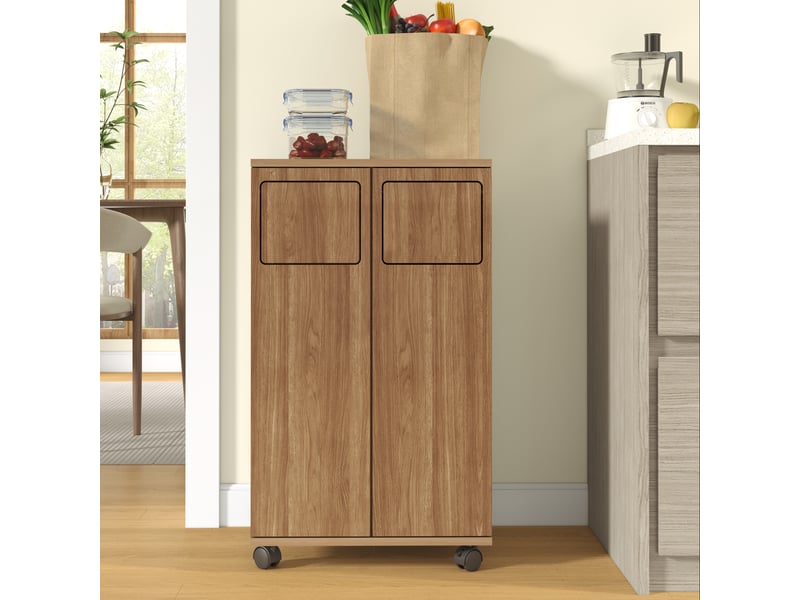  Meuble de tri des déchets à roulettes 46,7x35x80,3 cm avec 2 portes en mdf couleur naturel  - Conforama B