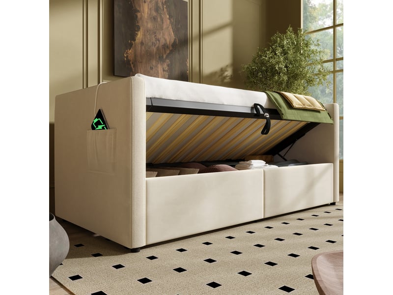  Modenvie lit banquette coffre 90x200 cm - rangement hydraulique, ports usb et usb-c, sans matelas - beige  - Conforama D