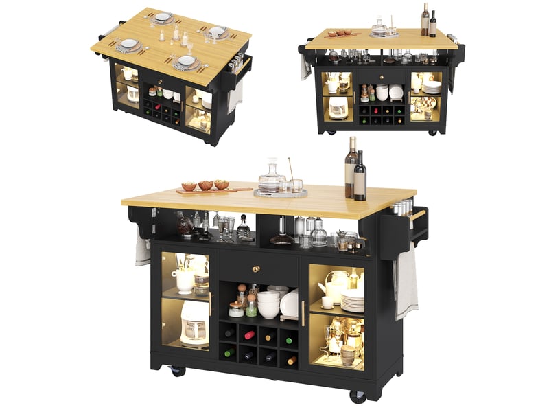  Desserte 95 cm avec éclairage led rgb, plateau rabattable double face, étagères réglables et porte-bouteilles mobile, meuble de rangement fonctionnel pour salon et chambre - noir OPULERANE TRADING LTD - Conforama A
