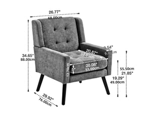 Fauteuil gris foncé en daim capitonné, style milieu du siècle, mousse haute densité, pieds bois massif, salonchambrebureau