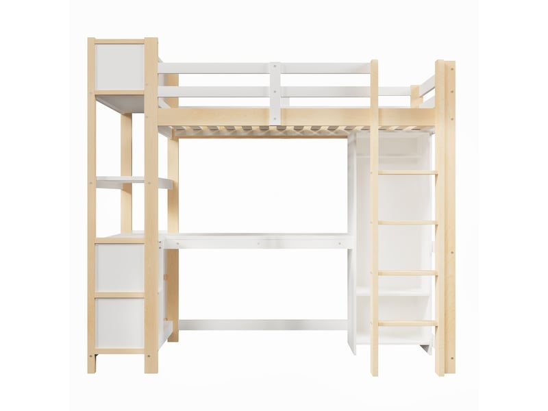  Lit mezzanine 90x200 cm avec bureau, étagères, armoire, sans matelas, naturel, rangement pour enfant sûr  - Conforama A