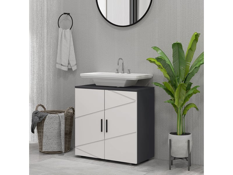 Meuble sous lavabo gris clair à deux portes, découpe en u, 60 x 30 x 60 cm  - Conforama C