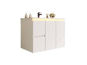 Meuble sous vasque mural avec 2 tiroirs, 2 portes, éclairage led à capteur radar pour salle de bain, 76×47×57 cm