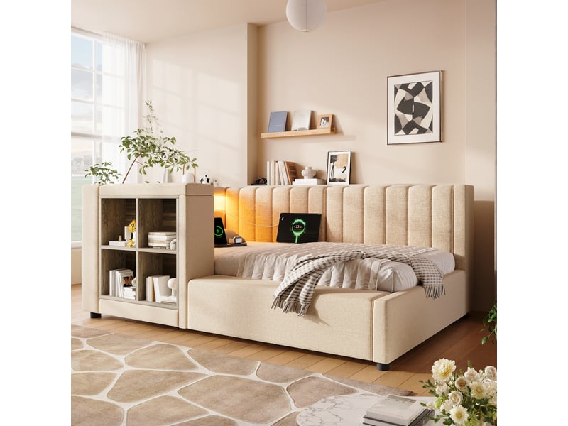  Lit banquette avec coffre 90x200 cm beige, sommier relevable à lattes, tête de lit avec niches, led, 3 usb et usb-c, sans matelas AB30109234-zlq - Conforama B