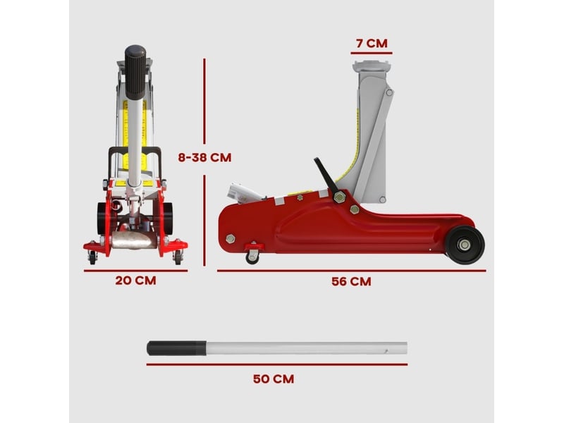  Cric hydraulique roulant 56 x 20 cm rouge en acier, levage de 8 à 38 cm jusqu'à 2,5 tonnes pour voitures et suv  - Conforama C