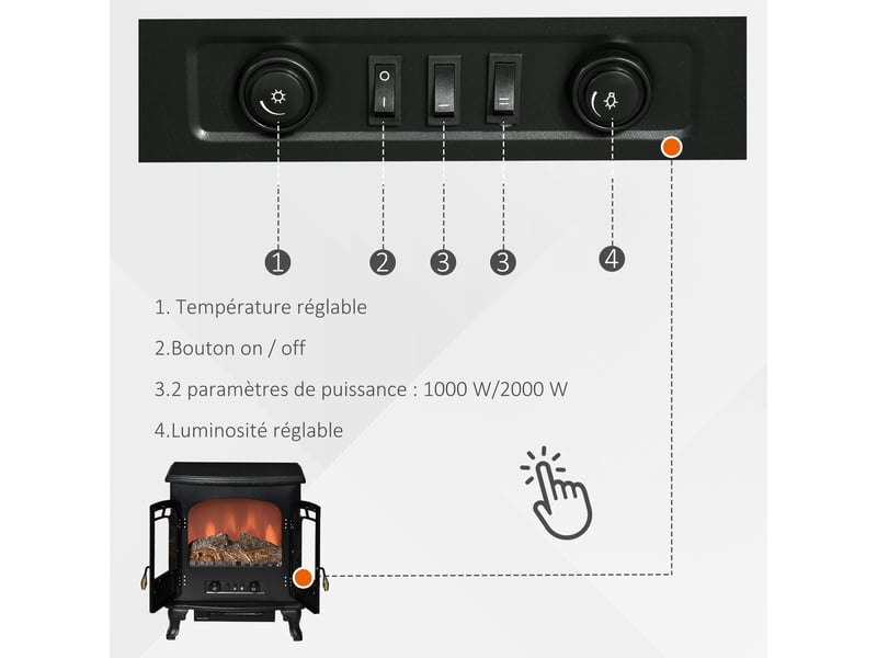  Cheminée électrique poêle style rétro, effet flammes led et chauffage 10002000 w  - Conforama W