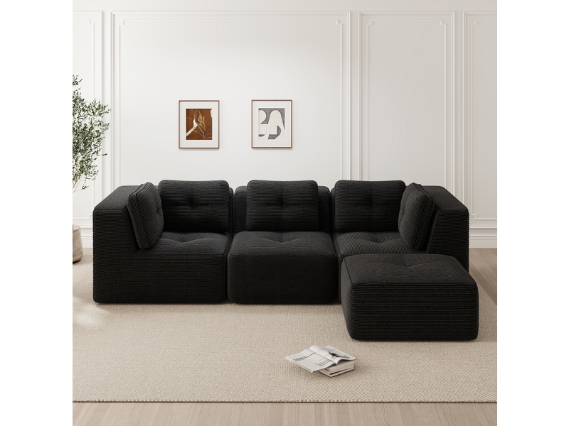  Canapé d'angle modulaire 3 places en velours côtelé noir avec ottomane  - Conforama B