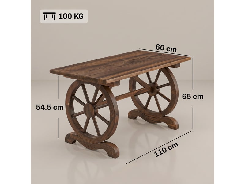 Table de jardin style campagnard avec pieds à roulettes, en bois de sapin résistant aux intempéries, 110 x 60 x 65 cm - Conforama E