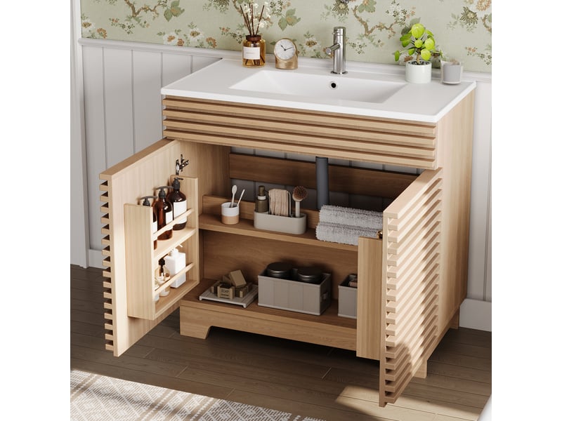  Meuble vasque de salle de bain 91x46x80cm en céramique et mdf avec rangement naturel chicfurn  - Conforama D