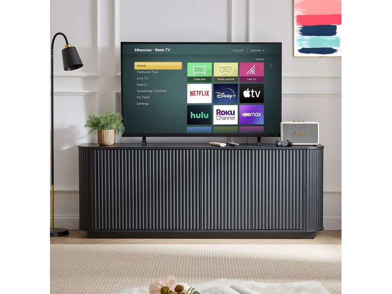  Meuble tv ulevr à 4 portes avec rangement 162,5 x 38 x 61 cm en mdf noir, façade ondulée  - Conforama D
