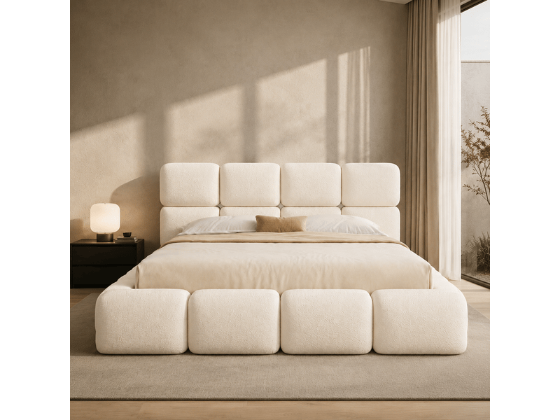 Lit double 180×200 cm avec rangement hydraulique, design bubble, bouclé blanc - Conforama B
