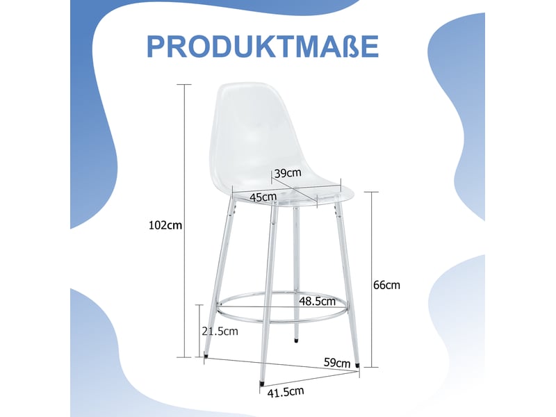  Tabouret de bar lot de 2 transparent avec dossier et repose-pieds, en métal et plastique argenté, 102 cm  - Conforama D