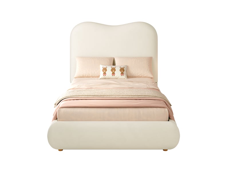  Lit rembourré pour enfant 90 × 200 cm, rangement hydraulique, avec sommier, tête de lit, tête de lit rembourrée, velours, beige  - Conforama A