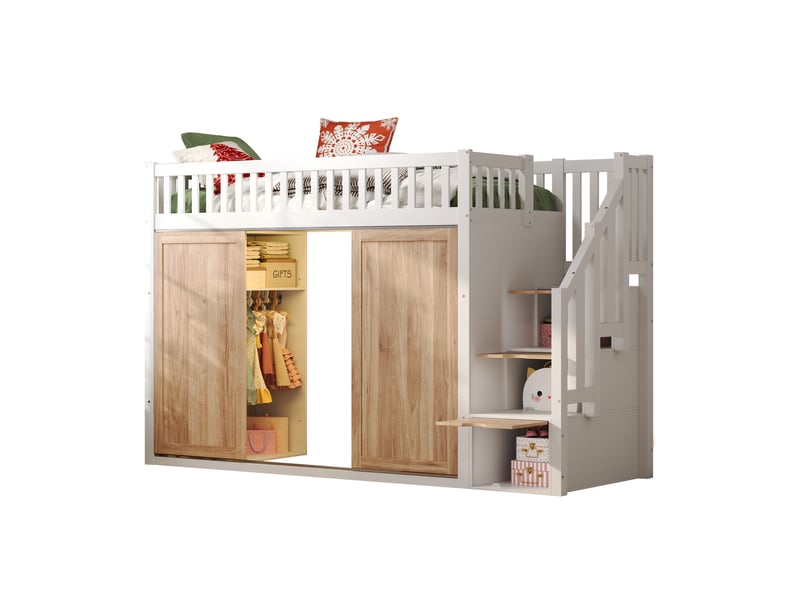  Lit mezzanine enfant 90 x 200 cm avec armoire, escalier de rangement et éclairage  - Conforama A