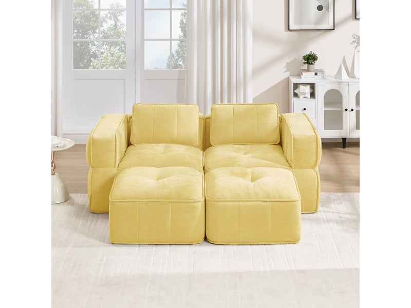  Canapé modulaire 2 places avec deux poufs, assise profonde - lpospi - accoudoirs larges, polyester jaune  - Conforama B