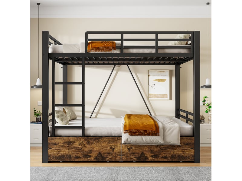  Lit superposé 140x200 cm, noir, métal et bois, avec tiroirs, échelle et garde-corps de sécurité, sans matelas  - Conforama D