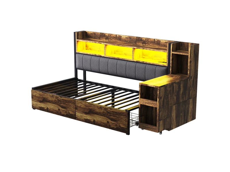  Lit multifonction 90 x 200 cm rangement 2 tiroirs bureau coulissant prises intégrées métal et bois naturel sans matelas  - Conforama R
