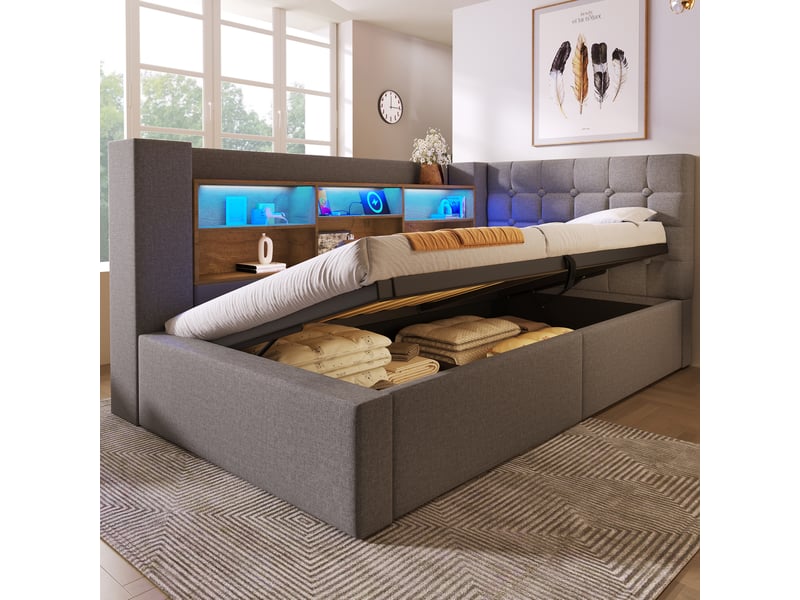  Modenvie lit coffre 90x200 cm - led, ports usb et usb-c, tete de lit en l, sans matelas - gris  - Conforama B