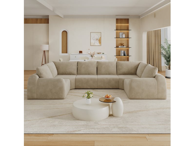  Canapé panoramique en u 6 places avec mousse haute élasticité, sans montage, en chenille kaki 344 × 200 × 85 cm  - Conforama D