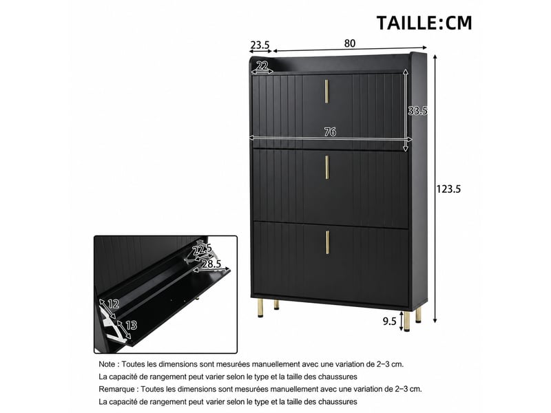 Lot de 2 armoires à chaussures à 3 abattants – mdf noir mat – 80 x 23,5 x 123,5 cm  - Conforama D