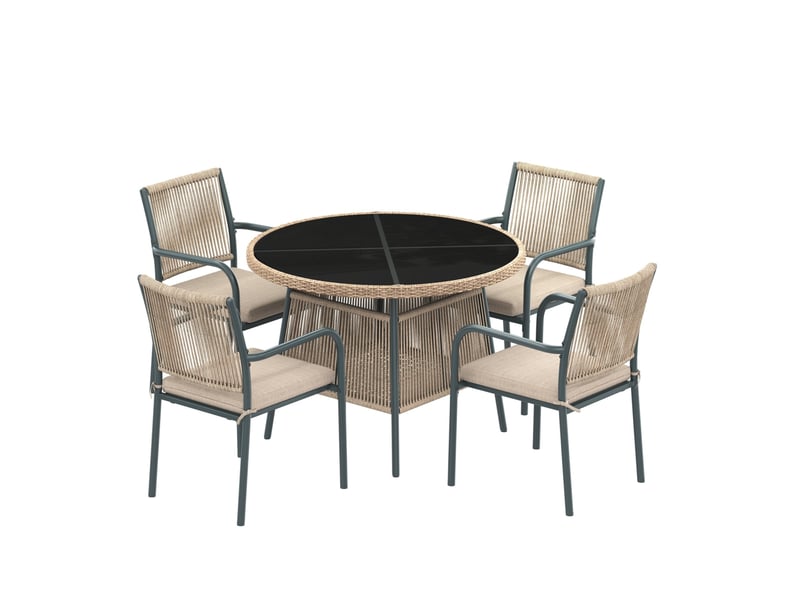  Salon de jardin 5 pièces 110x110 cm – gris – table ronde en verre trempé et 4 fauteuils avec coussins  - Conforama D