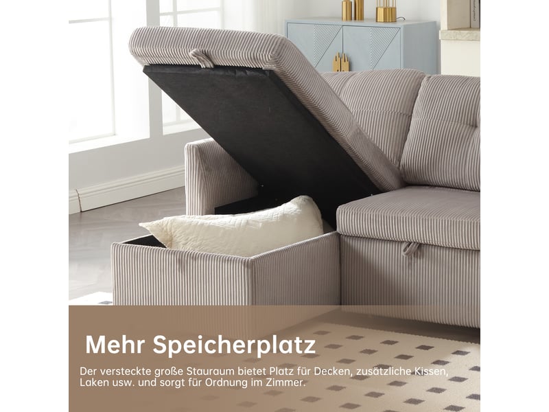 Canapé d'angle convertible 3 places,206x108x66cm,canapé-lit 3 places envelours côtelé avec lit gigogne,méridienne réversible rangement,gris clair - Conforama R