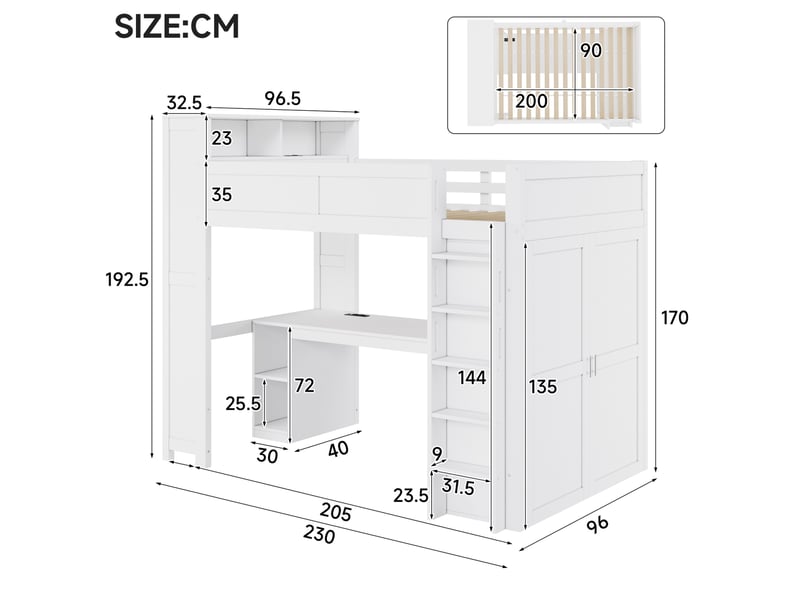  Lit mezzanine 90 × 200 cm 1 place avec bureau, 3 armoires, étagères, usb et led réglable, sans matelas, blanc  - Conforama D