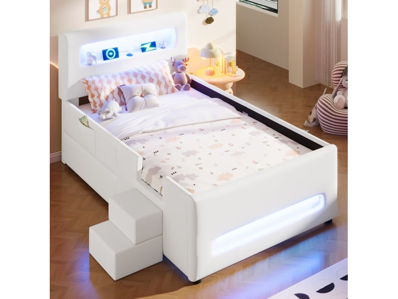  Lit 90x200 cm avec led et tiroir, coloris blanc, sans matelas  - Conforama E