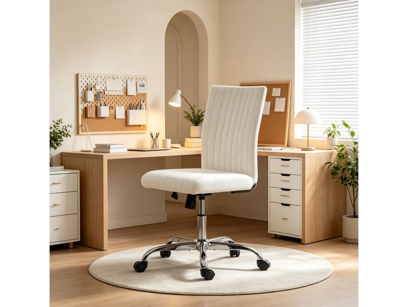 Chaise de bureau sans accoudoirs pivotante à 360°, hauteur réglable, tissu aspect lin crème  - Conforama C