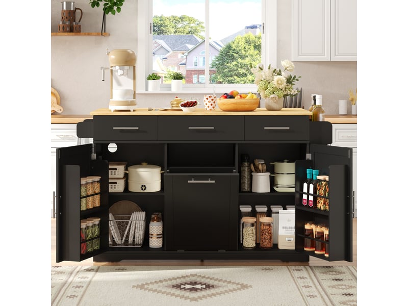  Ilot central de cuisine - 136x75x92cm - desserte avec plateau rabattable meuble poubelle prises et tiroirs - noir  - Conforama C