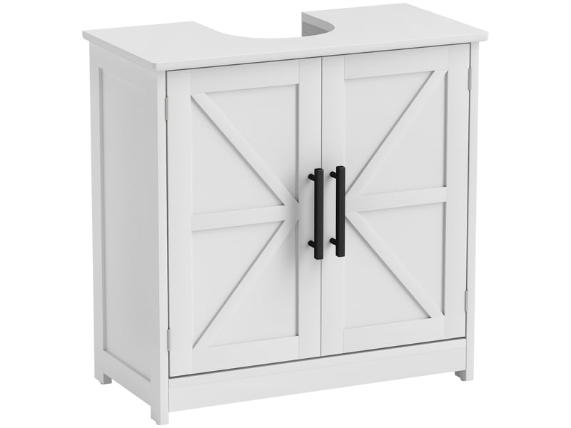  Meuble sous lavabo, meuble de salle de bain avec 2 portes magnétiques style grange et étagères, 60 x 30 x 60 cm, blanc  - Conforama A