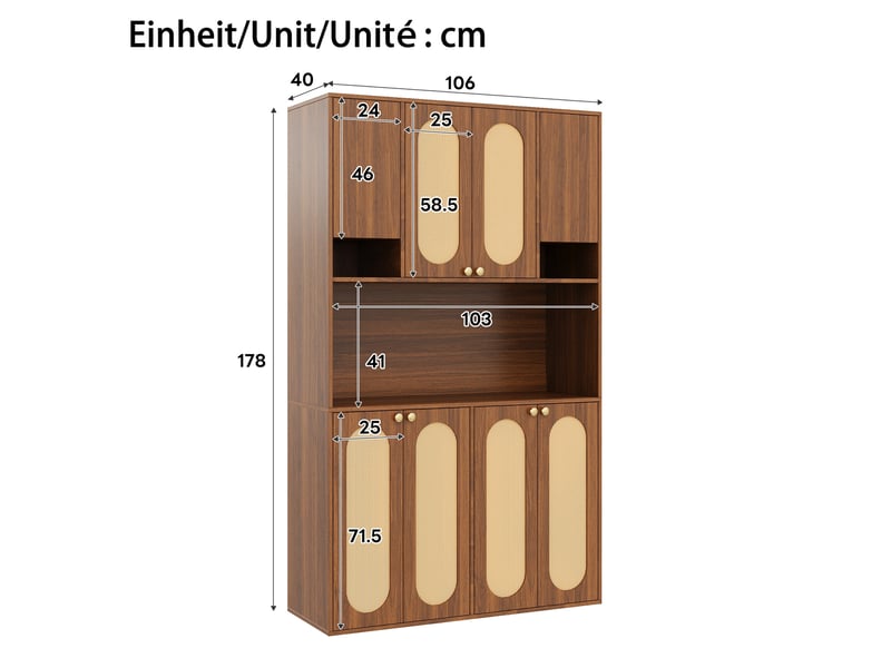  Buffet haut avec 8 portes, niche bar ouverte et led réglable en mdf et rotin pe naturel, pour salle à manger salon  - Conforama C