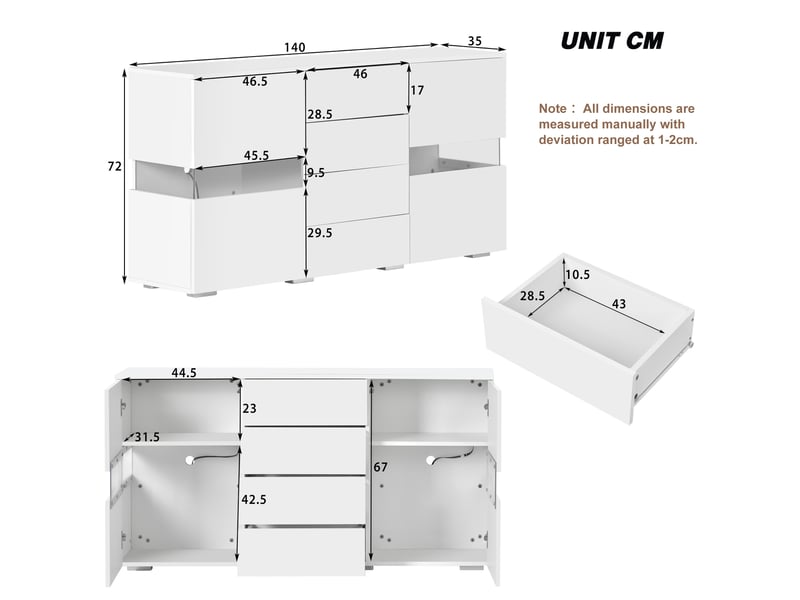 Buffet blanc avec led 16 couleurs, façade brillante, 4 tiroirs et 2 portes en acrylique, meuble tv jusqu’à 65 pouces - Conforama C