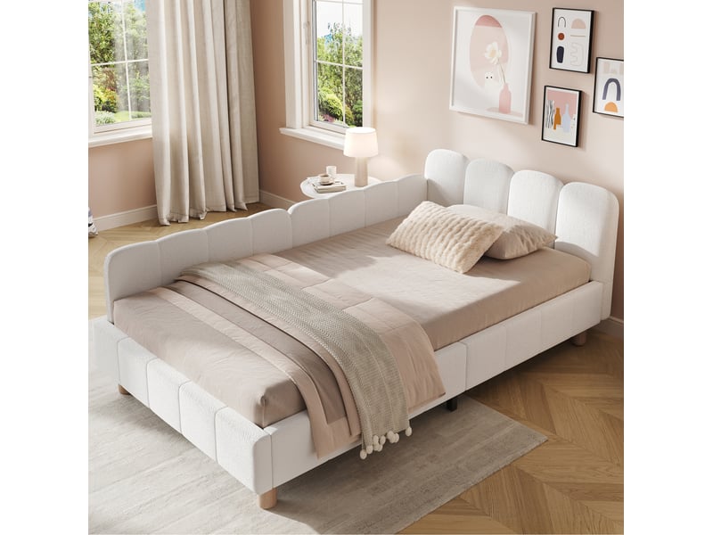  Elvmi lit enfant 90x200 cm en bouclé beige, lit simple rembourré avec tête de lit ergonomique inclinée, protection latérale modulable, poches de rangement intégrées, pieds en bois massif d’hévéa, structure stable monobloc avec s…  - Conforama B