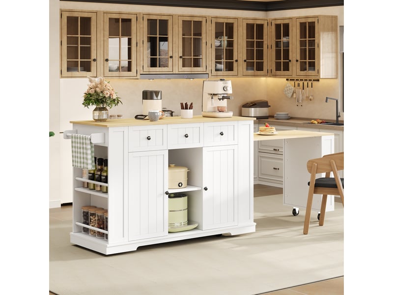  Îlot de cuisine,138x55x93 cm,extensible avec rangement,mdf,blanc et naturel  - Conforama E