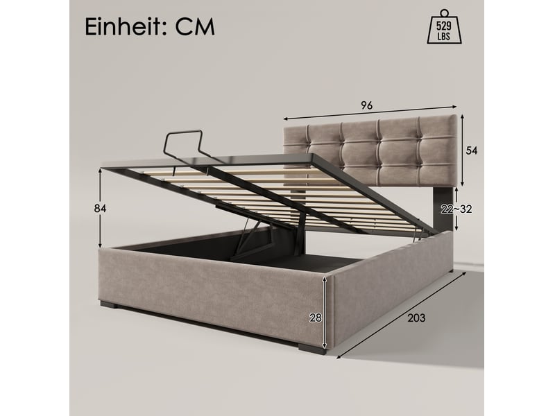  Lit coffre 1 place 90 x 200 cm en velours gris clair avec tête de lit réglable  - Conforama E