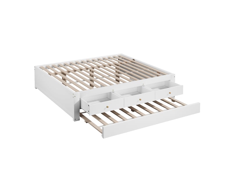  Lit double 140x200 cm -  avec lit gigogne 90x190 cm et 3 tiroirs - sommier à lattes - mdf+pin - blanc (sans matelas)  - Conforama R