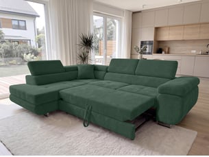 Canapé d'angle gauche convertible <strong>AX LIVING </strong> <strong>Konak</strong> 5 places Velours côtelé vert avec coffre de rangement