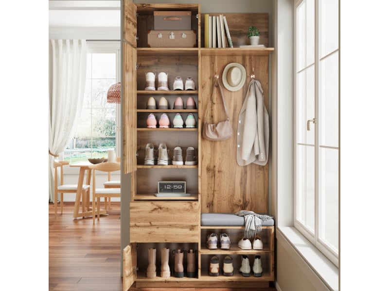 Garde-robe compacte avec miroir et banc — meuble d'entrée avec porte-chaussures et crochets — ensemble de couloir - Conforama D